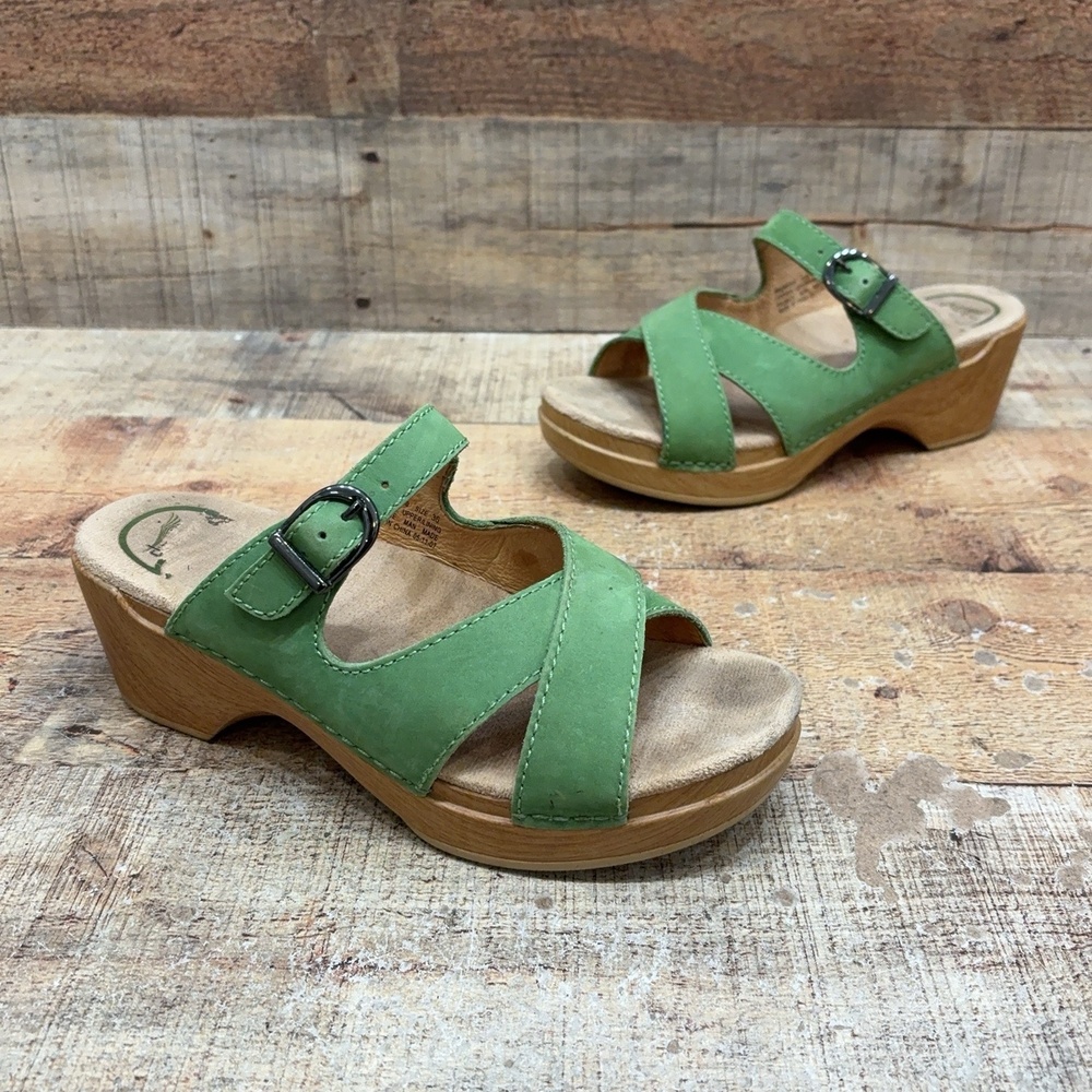 Dansko Sandals Womens Size 5.5 36 Green Leather Slide Buckle Wedge Comfort Shoes